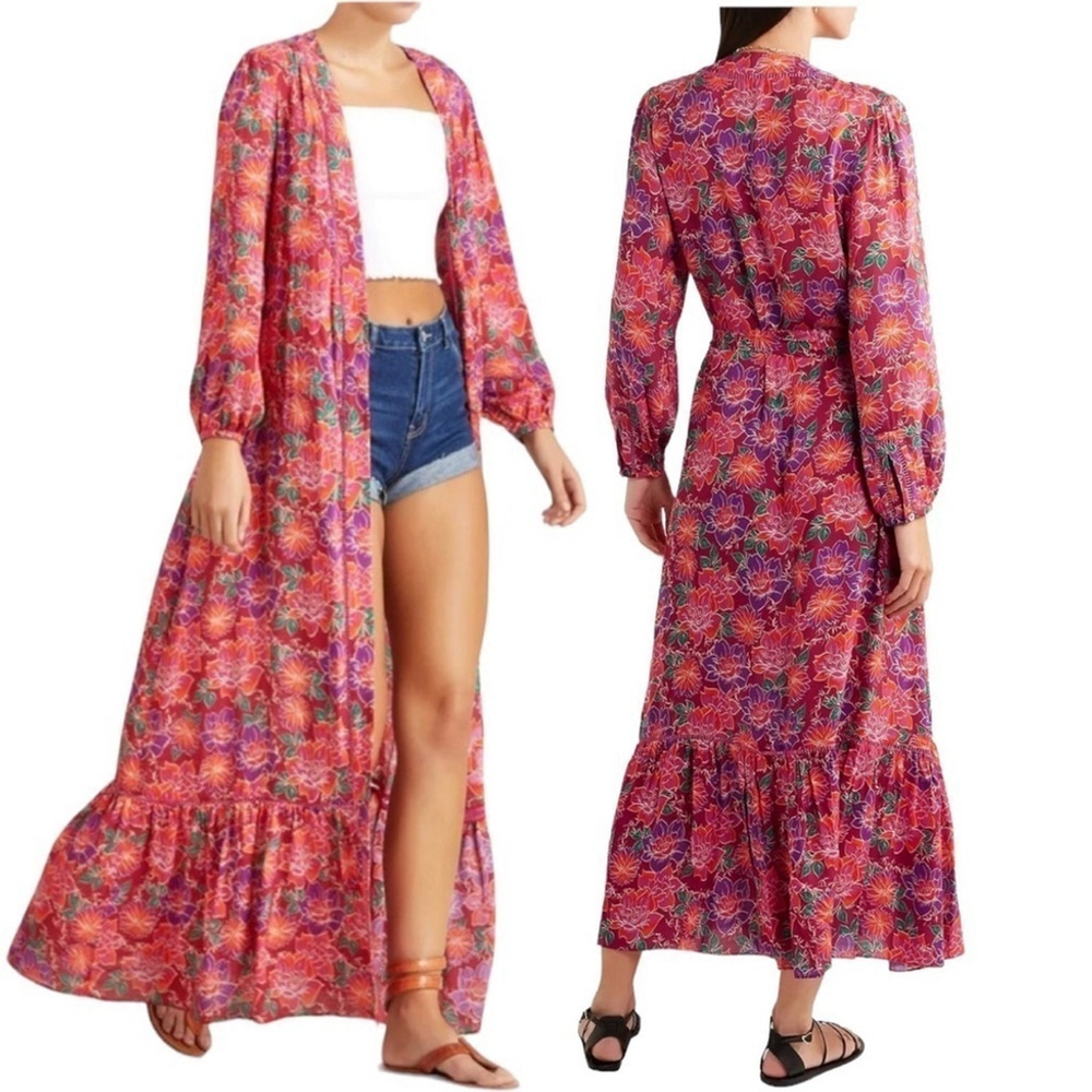 Paloma Blue Bowie CREPE DE CHINE Kimono Wrap Maxi Colorful Floral Dress Size XS - Picture 3 of 16